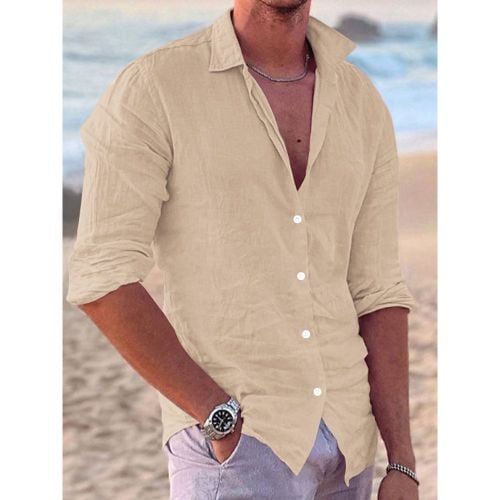 Men's Long Sleeve Cuban Shirt Button Down Casual Summer Beach Linen Shirts - milanoo.com - Modalova