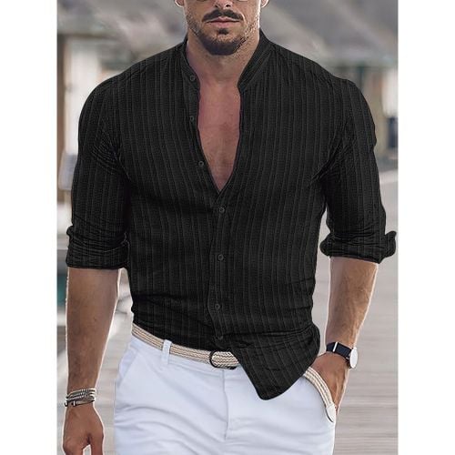 Men's Casual Shirt Stand Collar Long Sleeve Stripes Button Down Shirts - milanoo.com - Modalova