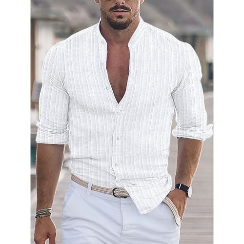 Men's Casual Shirt Stand Collar Long Sleeve Stripes Button Down Shirts - milanoo.com - Modalova