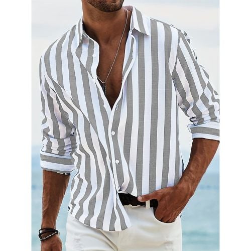 Casual Shirts For Men Turndown Collar Stripes Long Sleeve Men's Shirts - milanoo.com - Modalova