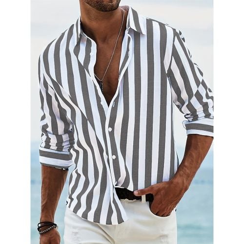 Casual Shirts For Men Turndown Collar Stripes Long Sleeve Men's Shirts - milanoo.com - Modalova