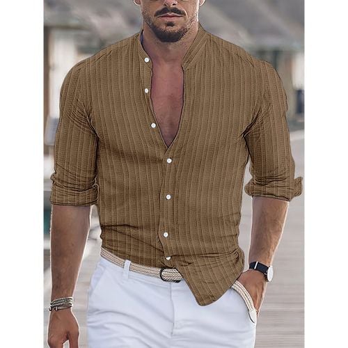 Men's Casual Shirt Stand Collar Long Sleeve Stripes Button Down Shirts - milanoo.com - Modalova