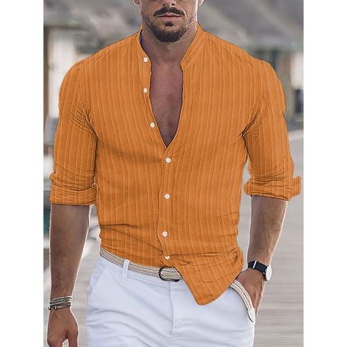 Men's Casual Shirt Stand Collar Long Sleeve Stripes Button Down Shirts - milanoo.com - Modalova