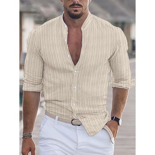 Men's Casual Shirt Stand Collar Long Sleeve Stripes Button Down Shirts - milanoo.com - Modalova