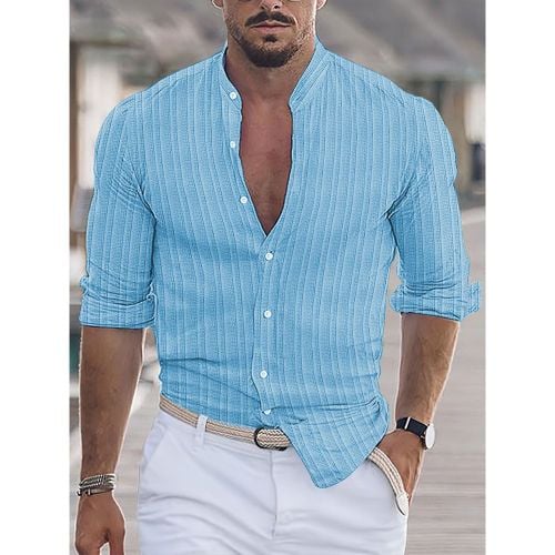 Men's Casual Shirt Stand Collar Long Sleeve Stripes Button Down Shirts - milanoo.com - Modalova