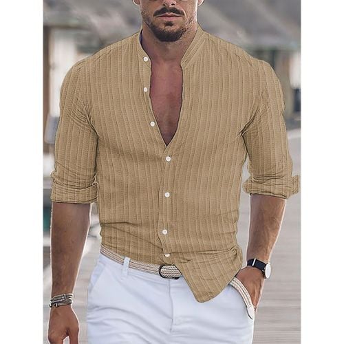 Men's Casual Shirt Stand Collar Long Sleeve Stripes Button Down Shirts - milanoo.com - Modalova