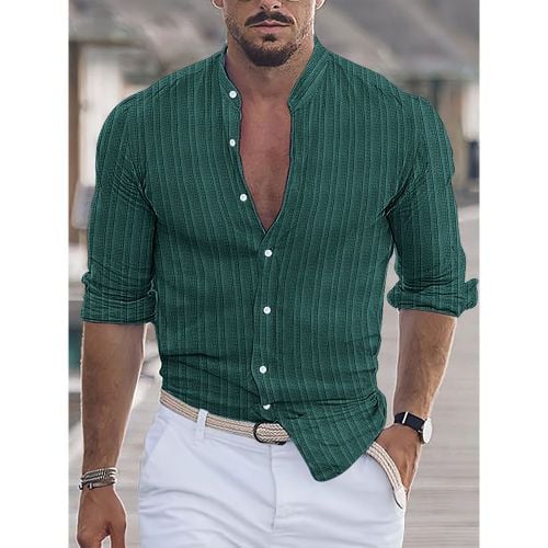 Men's Casual Shirt Stand Collar Long Sleeve Stripes Button Down Shirts - milanoo.com - Modalova