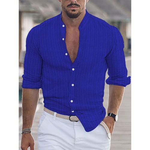 Men's Casual Shirt Stand Collar Long Sleeve Stripes Button Down Shirts - milanoo.com - Modalova