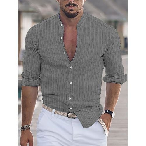 Men's Casual Shirt Stand Collar Long Sleeve Stripes Button Down Shirts - milanoo.com - Modalova