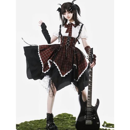 Gothic Lolita Outfits Plaid Lace Up Grommets Short Sleeves Skirt Blouse - milanoo.com - Modalova