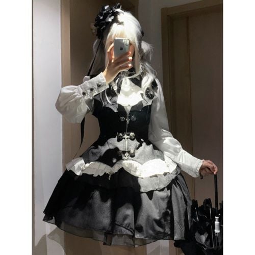 Gothic Lolita Outfits Jacquard Ruffles Long Sleeves Top Waistcoat - milanoo.com - Modalova