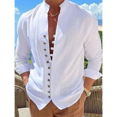 Man's Casual Shirt Stand Collar Long Sleeve Casual Linen Men's Shirts - milanoo.com - Modalova