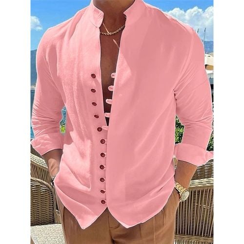 Man's Casual Shirt Stand Collar Long Sleeve Casual Linen Men's Shirts - milanoo.com - Modalova