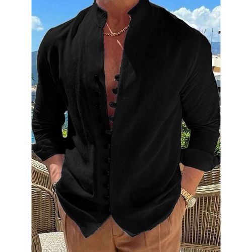 Man's Casual Shirt Stand Collar Long Sleeve Casual Linen Men's Shirts - milanoo.com - Modalova