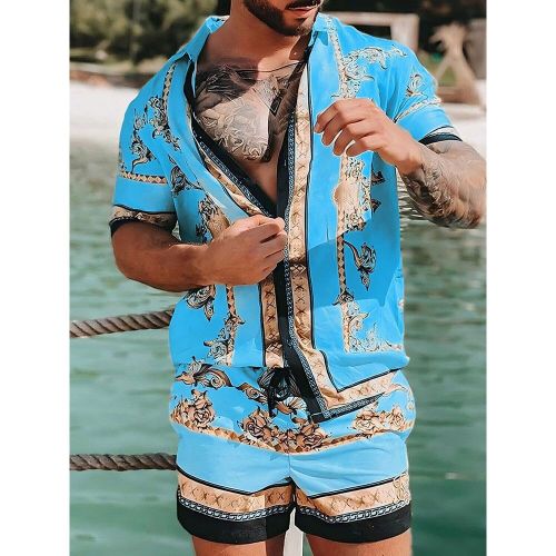 Men's Hawaiian Matching Set Summer Tropical Beach 2 Piece Outfits Button Down Shirts And Shorts - milanoo.com - Modalova