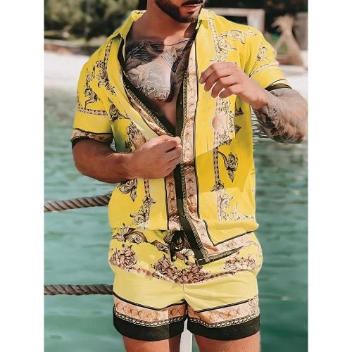 Men's Hawaiian Matching Set Summer Tropical Beach 2 Piece Outfits Button Down Shirts And Shorts - milanoo.com - Modalova