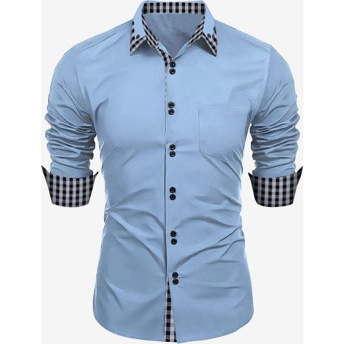 Casual Shirts For Men Double Buttons Slim Fit Turndown Collar Long Sleeve Plaid Men's Shirts - milanoo.com - Modalova