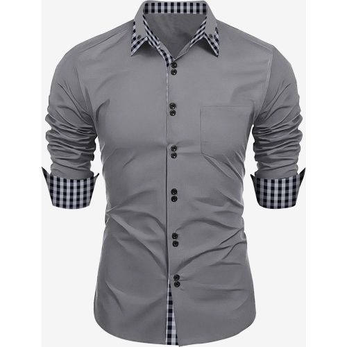 Casual Shirts For Men Double Buttons Slim Fit Turndown Collar Long Sleeve Plaid Men's Shirts - milanoo.com - Modalova