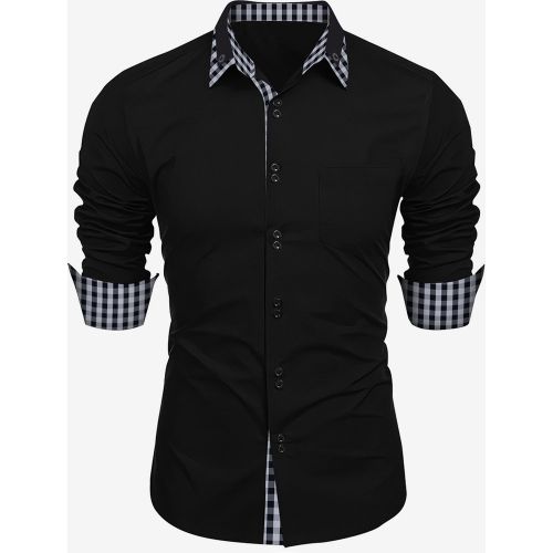 Casual Shirts For Men Double Buttons Slim Fit Turndown Collar Long Sleeve Plaid Men's Shirts - milanoo.com - Modalova