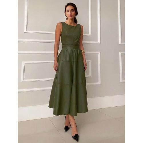 Faux Leather A-line Dress Green Strapless Belted Elegant Summer Midi Dress For Women 2025 - milanoo.com - Modalova