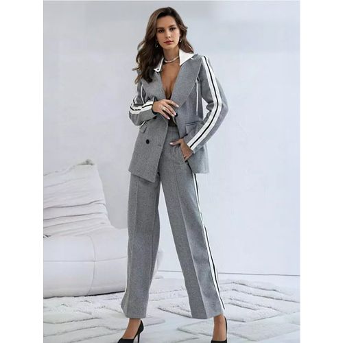 Grey Suit Set with White Stripes Classic Lapel With Hood Casual Spring Outfit For Women 2025 - milanoo.com - Modalova