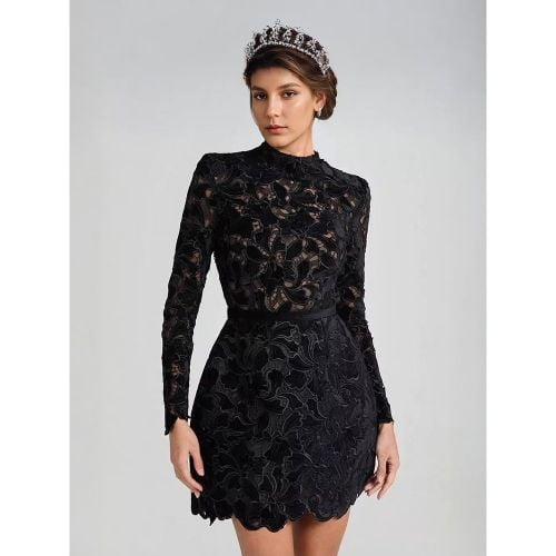 Lace Dress High Neck Long Sleeve Birthday Party Spring Mini Dress For Women 2025 - milanoo.com - Modalova