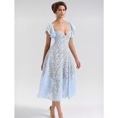 Blue Lace Dress Butterfly Sleeve Sweetheart Neckline Birthday Party A-line Sheer Midi Dress For Women 2025 - milanoo.com - Modalova