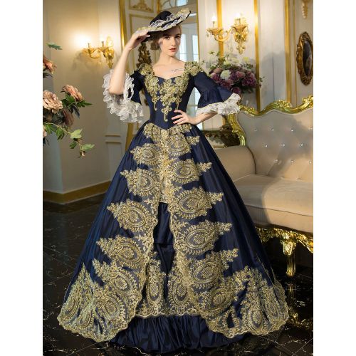 Blue Victorian Rococo Embroidered Bell Sleeve Lace Up Tunic Renaissance Gown Dress - milanoo.com - Modalova