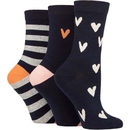 Ladies 3 Pair Patterned Cotton Socks Navy Stripe & Heart 4-8 Ladies - Caroline Gardner - Modalova