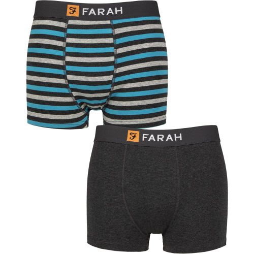 Mens 2 Pack Farah Plain and Striped Cotton Classic Fitted Trunks Stripe Charcoal / Turquoise S - SockShop - Modalova