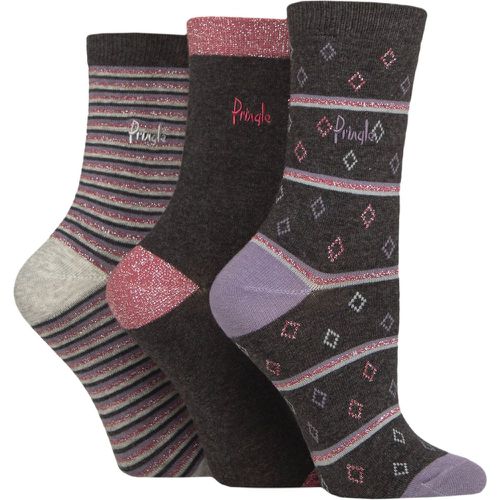 Women's 3 Pair Pringle Christmas Patterned Cotton Socks with Gift Tag Charcoal Diamond / Stripe 4-8 - SockShop - Modalova