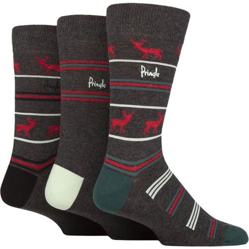 Mens 3 Pair Christmas Patterned Cotton Socks Deer and Stripes Charcoal 7-11 - Pringle - Modalova