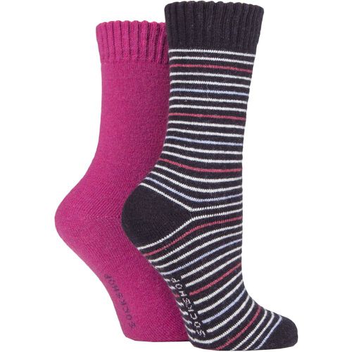 Ladies 2 Pair Wool Mix Striped and Plain Boot Socks Raspberry Stripe 4-8 Ladies - SockShop - Modalova