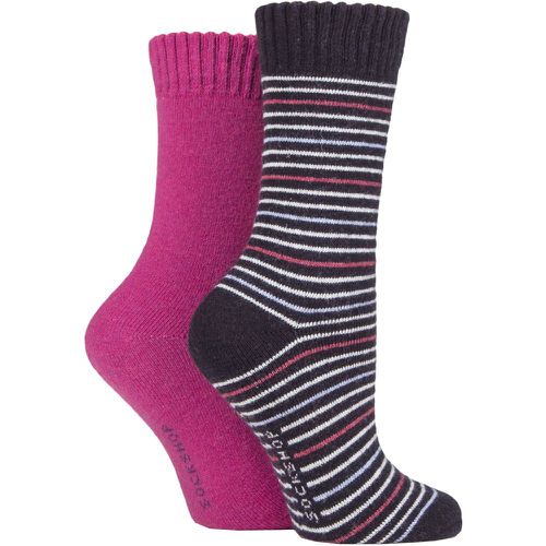 Women's 2 Pair Wool Mix Striped and Plain Boot Socks Raspberry Stripe 4-8 Ladies - SockShop - Modalova