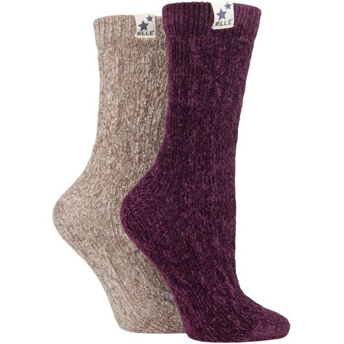 Ladies 2 Pair Cable Knit Chenille Boot Socks Damson / Gold 4-8 Ladies - Elle - Modalova