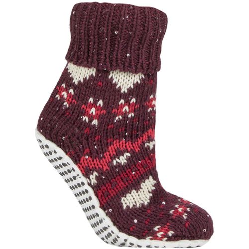 Women's 1 Pair Chunky Fair Isle and Striped Moccasin Grip Socks Dark Ruby 4-8 Ladies - Elle - Modalova