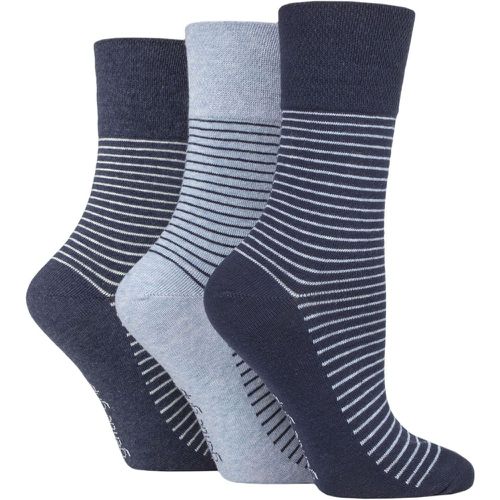 Ladies 3 Pair Cotton Patterned and Striped Socks Fine Stripe Navy / Denim 4-8 Ladies - Gentle Grip - Modalova