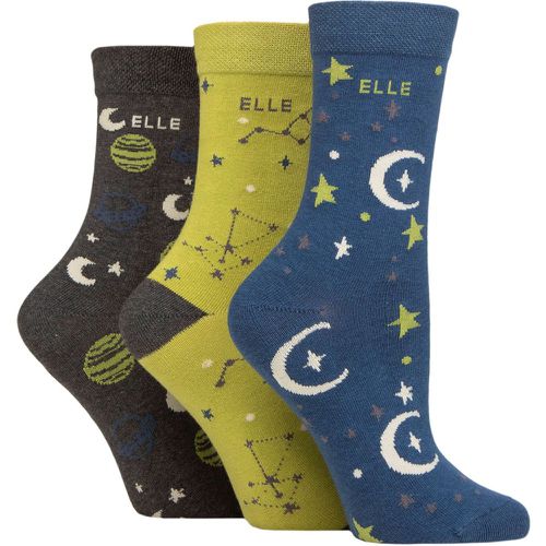 Ladies 3 Pair Plain, Striped and Patterned Cotton Socks with Smooth Toes Moonlight Blue Patterned 4-8 - Elle - Modalova