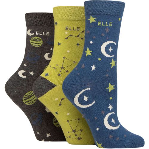 Women's 3 Pair Plain, Striped and Patterned Cotton Socks with Smooth Toes Moonlight Blue Patterned 4-8 - Elle - Modalova