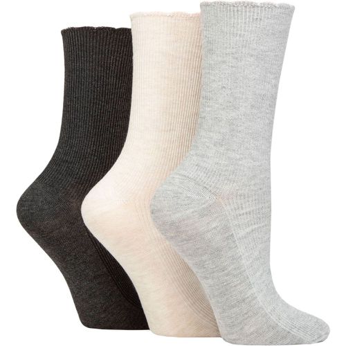 Ladies 3 Pair Ribbed Bamboo Socks with Scallop Top Silver / Biscuit / Charcoal 4-8 Ladies - Elle - Modalova