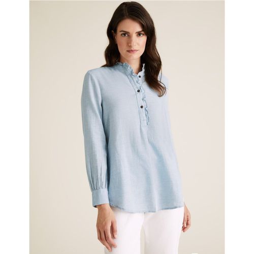 Cotton High Neck Frill Detail Tunic blue - Marks & Spencer - Modalova