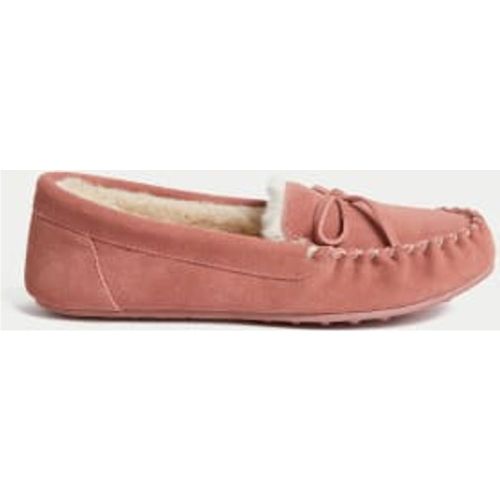 Womens Suede Bow Faux Fur Lined Moccasin Slippers - - M&S Collection - Modalova