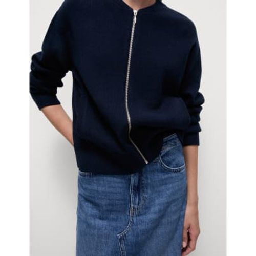 Womens Knitted Textured Crew Neck Bomber Cardigan - - M&S Collection - Modalova