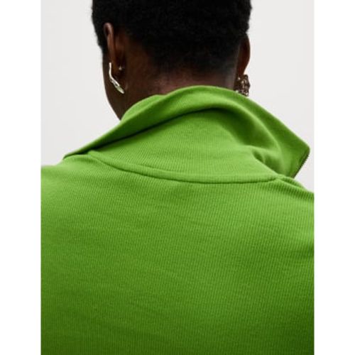 Womens Cotton Rich Ribbed Collared Zip Up Top - M&S Collection - Modalova