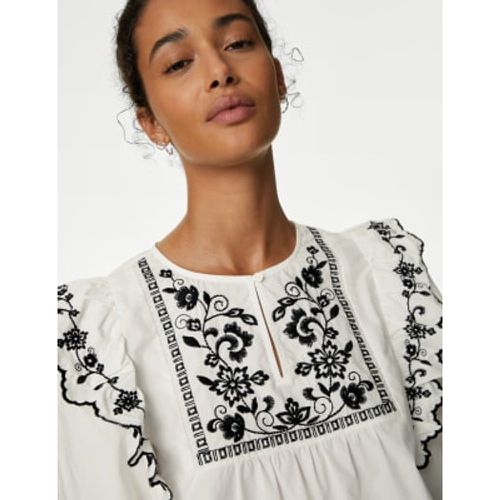 Womens Pure Cotton Embroidered Frill Detail Blouse - - M&S Collection - Modalova