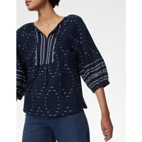 Womens Cotton Rich Jacquard Tie Neck Popover Blouse - - M&S Collection - Modalova