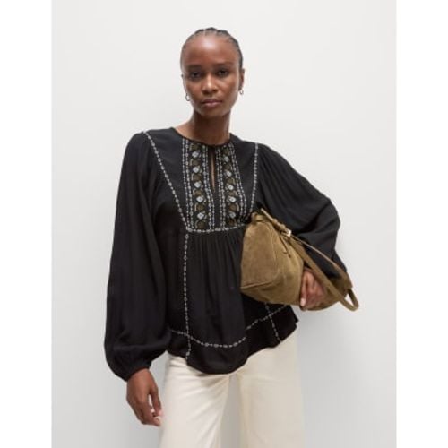 Womens Embroidered Crew Neck Puff Sleeve Blouse - - M&S Collection - Modalova