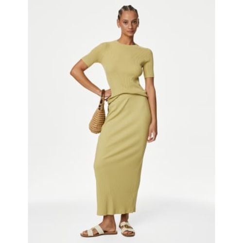 Womens Cotton Blend Ribbed Midi Column Skirt - - M&S Collection - Modalova