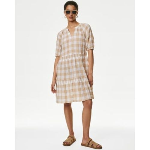 Womens Cotton Rich Checked Mini Tiered Dress - - M&S Collection - Modalova