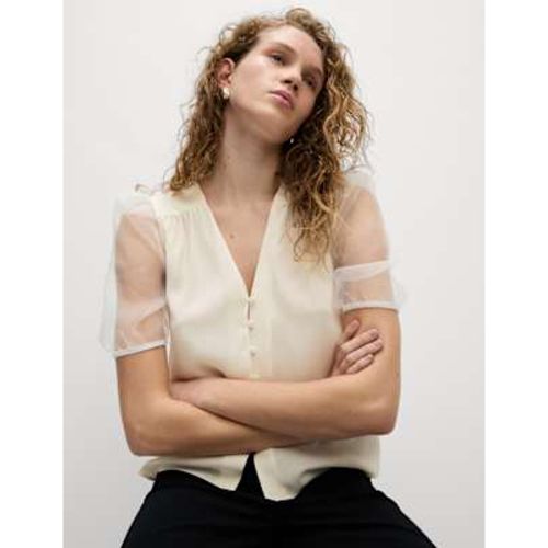 Womens Organza V-Neck Puff Sleeve Top - M&S Collection - Modalova